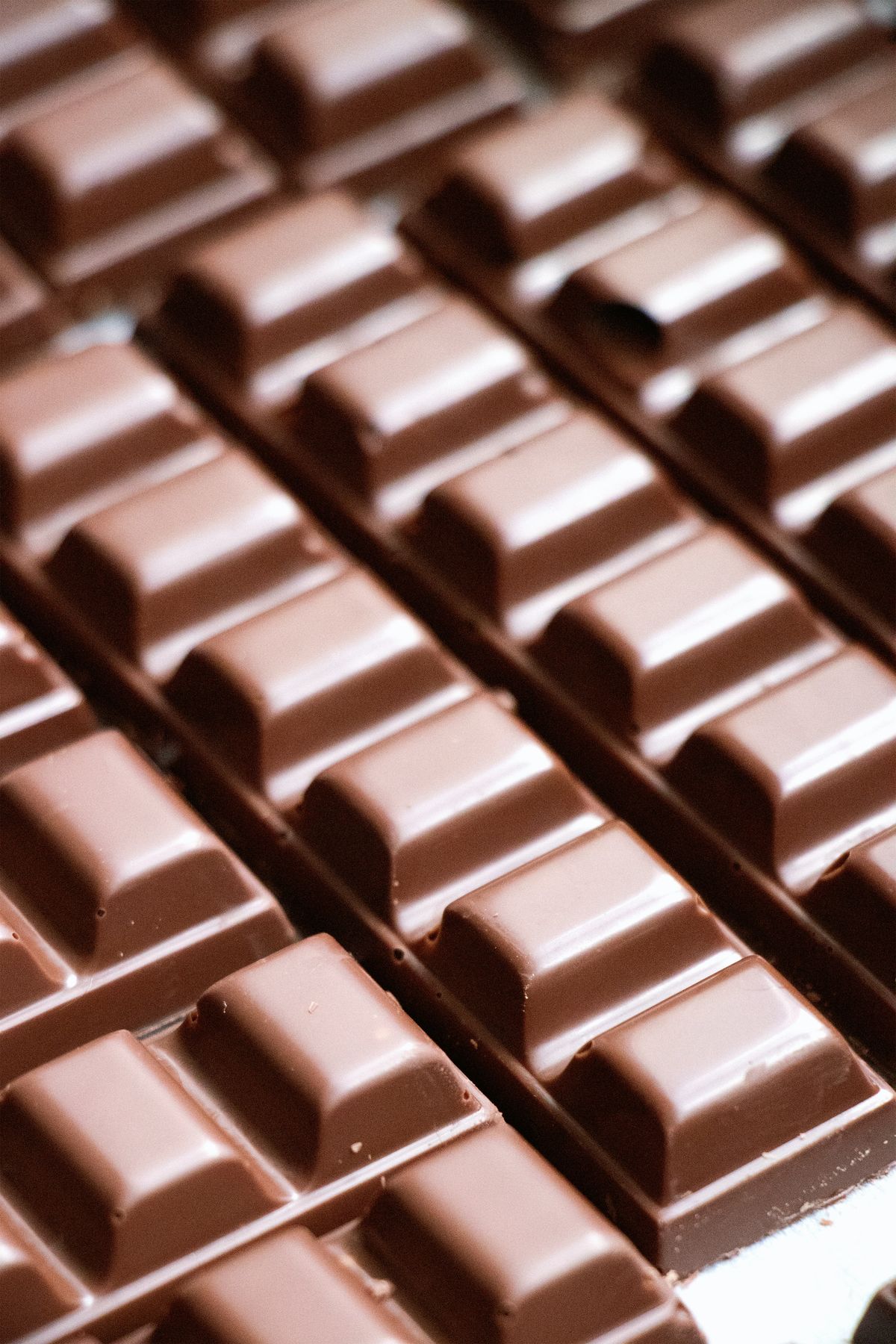 Close-up of rows of chocolate bar squares